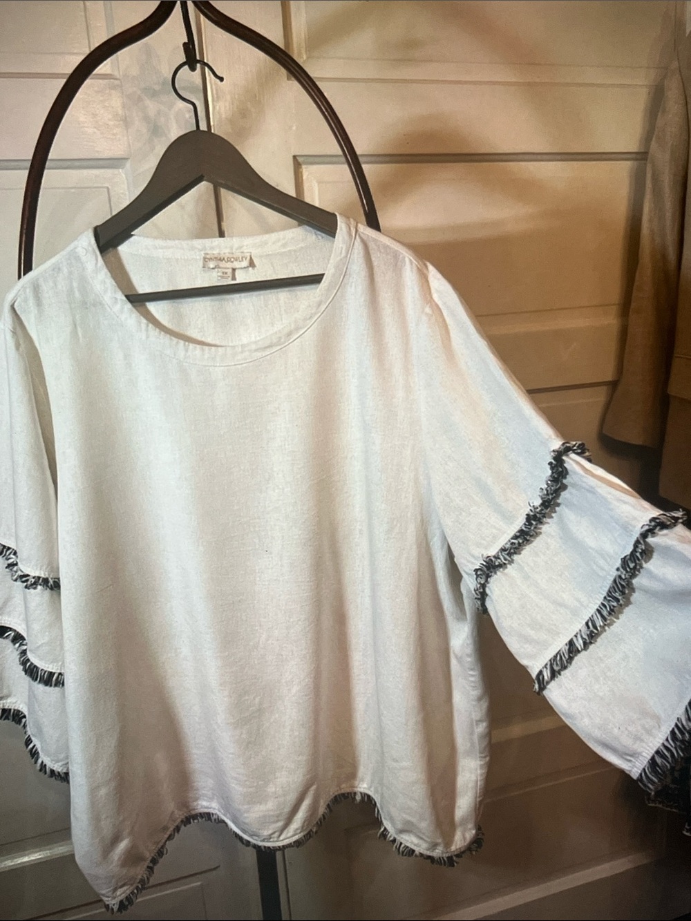 Cynthia Rowley Cream Linen Bell Sleeve Top with Black Fringe